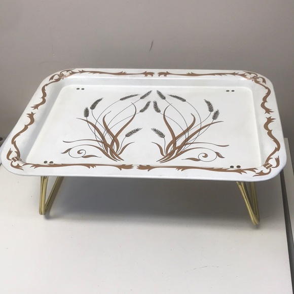 Dining Vintage Mcm 195s Metal Serving Lap Tray W Folding Legs Wheat